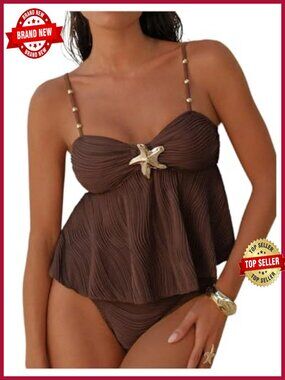 Boho Tankini Set with Metal Starfish Beaded Peplum Tops and Panty Swimsuit